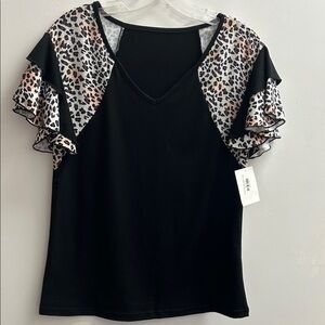 Leopard Print Ruffle Sleeve Black Top